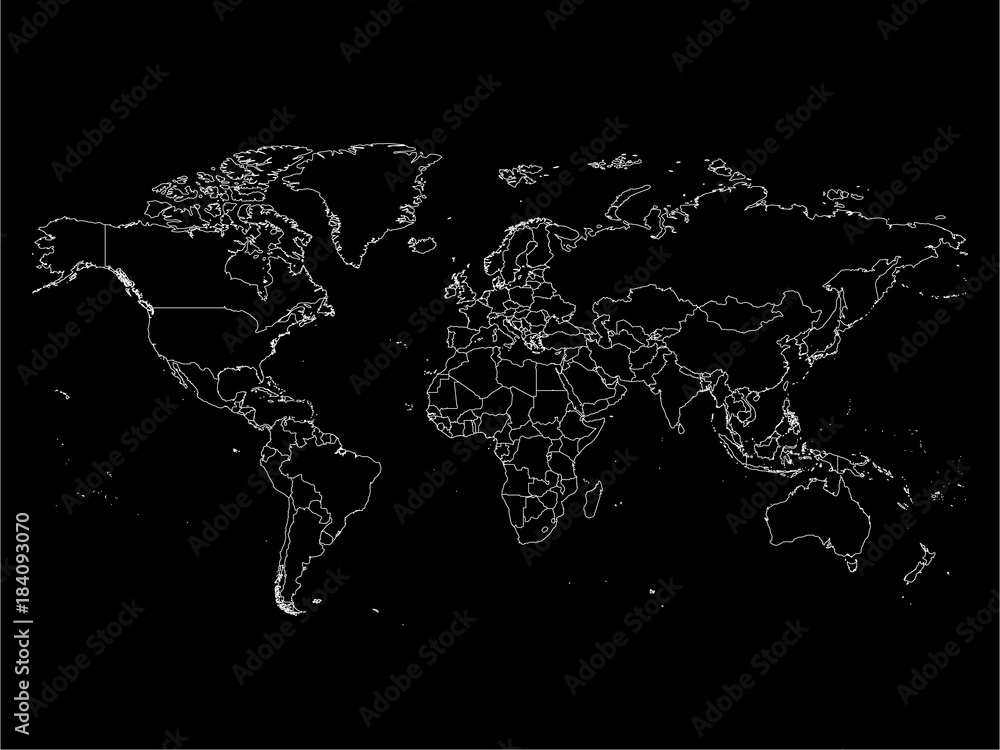 Obraz premium Mapa świata z granicami kraju, cienki biały kontur na czarnym tle. Szkielet wektora prostej linii wysokiej szczegółów.