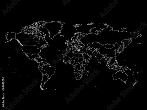 World map with country borders, thin white outline on black background. Simple high detail line vector wireframe.