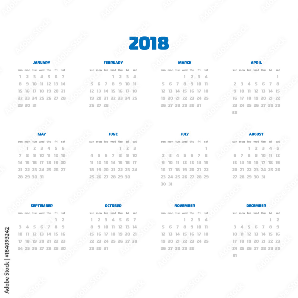 Vector calendar - Year 2018. Week starts from Sunday. Simple flat vector illustration with blue headers. Vector calendar - Year 2018. Week starts from Sunday. Simple flat vector illustration with blue headers.