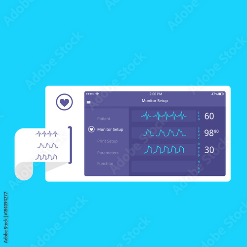 Electrocardiograph machine vector.  Flat  medical ekg device. Medical equipment.