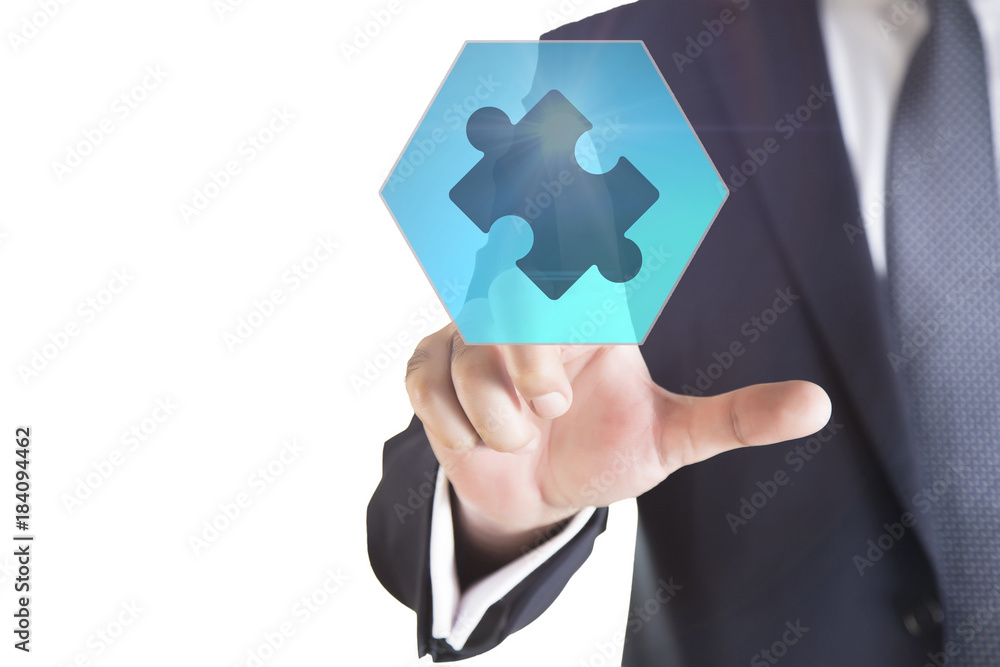 Mergers and acquisition concept with consultant touching icons of puzzle pieces representing the merging of two companies or joint venture, partnership Mergers and acquisition concept with consultant touching icons of puzzle pieces representing the merging of two companies or joint venture, partnership
