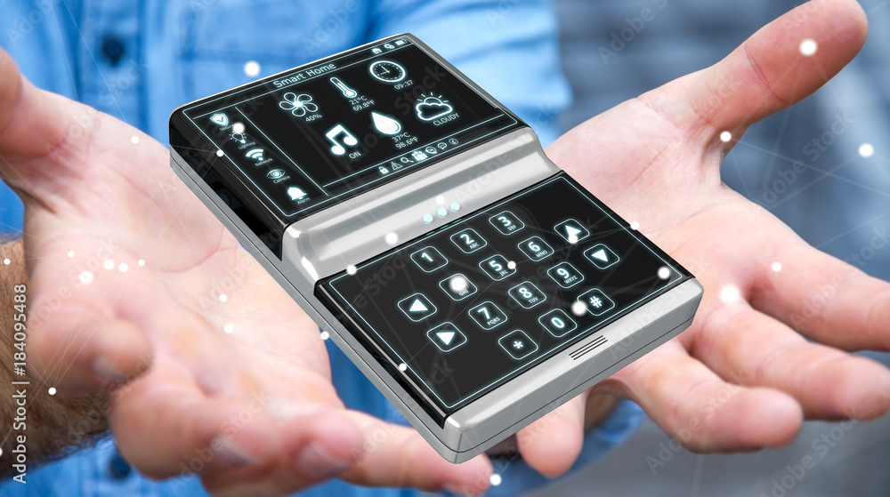 Businessman using smart home remote device 3D rendering