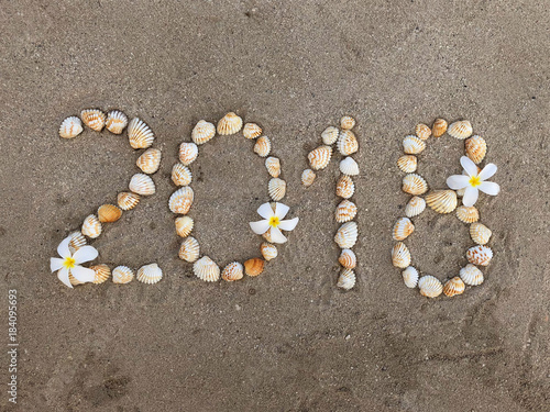 word 2018 is laid out of seashells on a sandy beach
