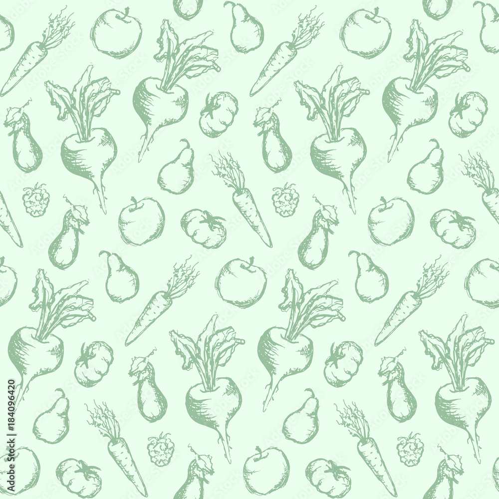 Vegetable fruit monochrome ink hand drawn set seamless pattern texture background vector
