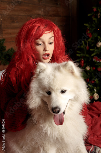 Winter dog holiday and Christmas. A girl in a knitted sweater and with red hair with a pet in the studio. Christmas woman with a beautiful face and pet. photo