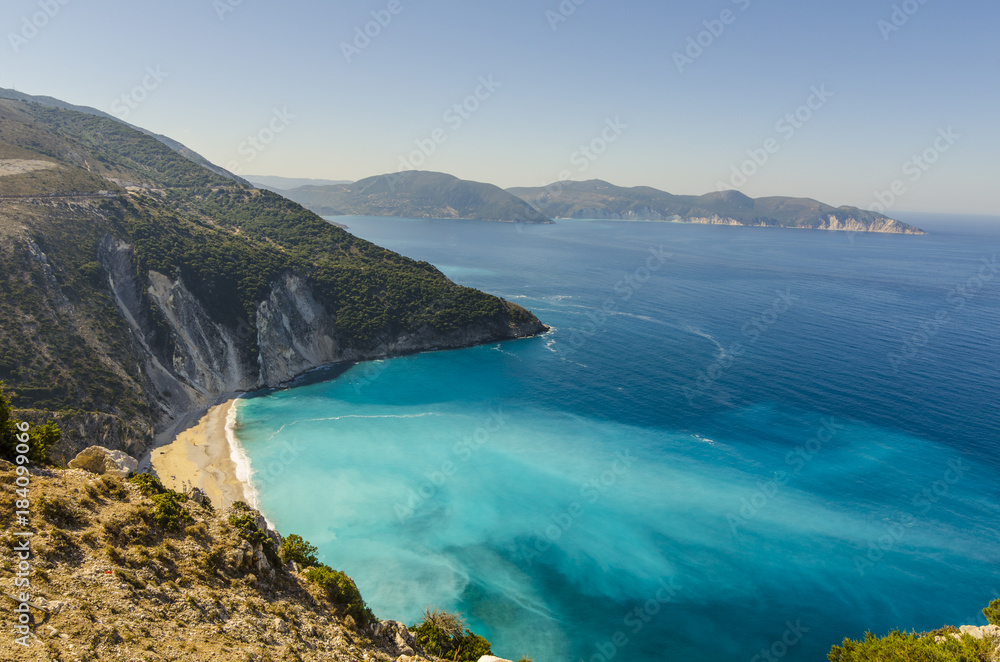 panoramic nuances of turquoise on the beach of Myrtos kefalonia