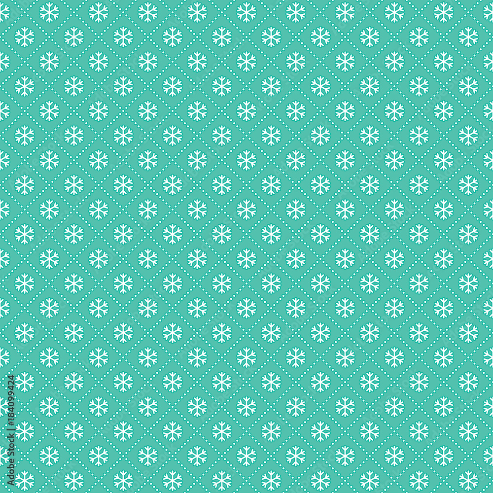Cute seamless vector holiday background with snowflakes on mint green background. Clipping mask for easy repeats. For Christmas cards, wrapping paper, wallpapers. Cute seamless vector holiday background with snowflakes on mint green background. Clipping mask for easy repeats. For Christmas cards, wrapping paper, wallpapers.