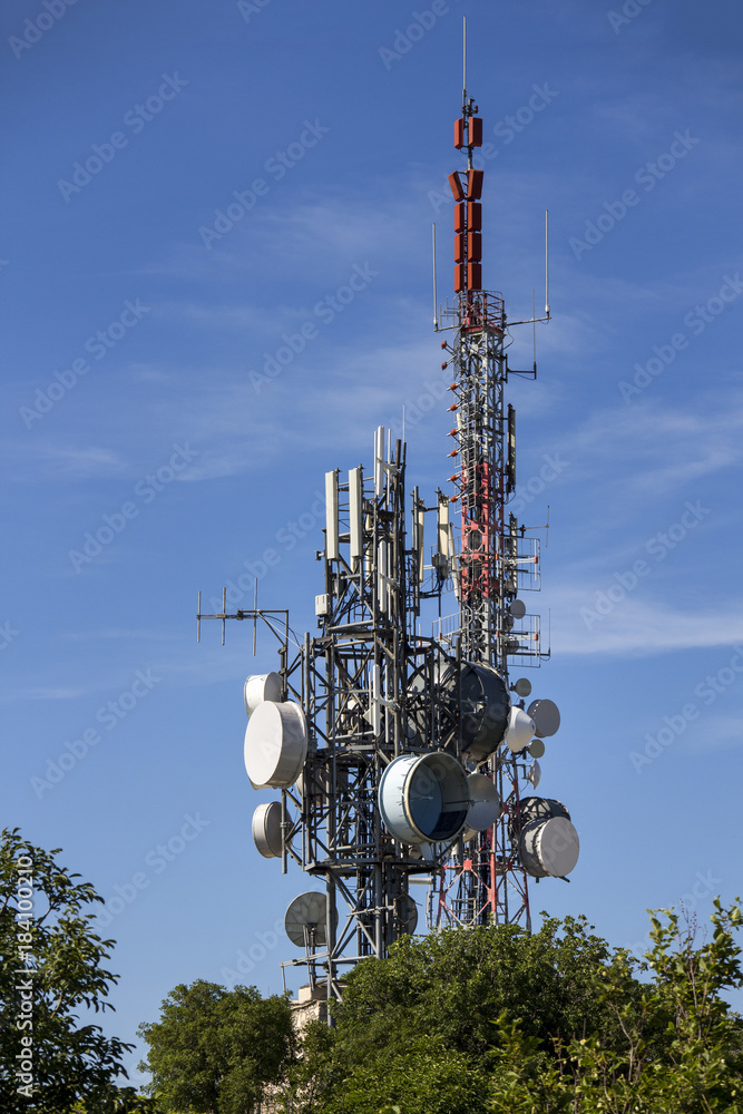 Bunch of antennas on tower on top of hill Vidova Gora on island Brac in Croatia Bunch of antennas on tower on top of hill Vidova Gora on island Brac in Croatia