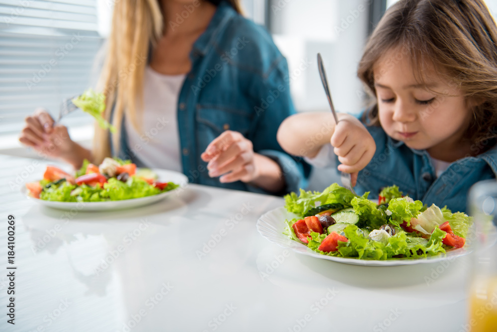 Cheerful mother and daughter are eating healthy salad together at home. Focus on plate with chopped vegetables Cheerful mother and daughter are eating healthy salad together at home. Focus on plate with chopped vegetables