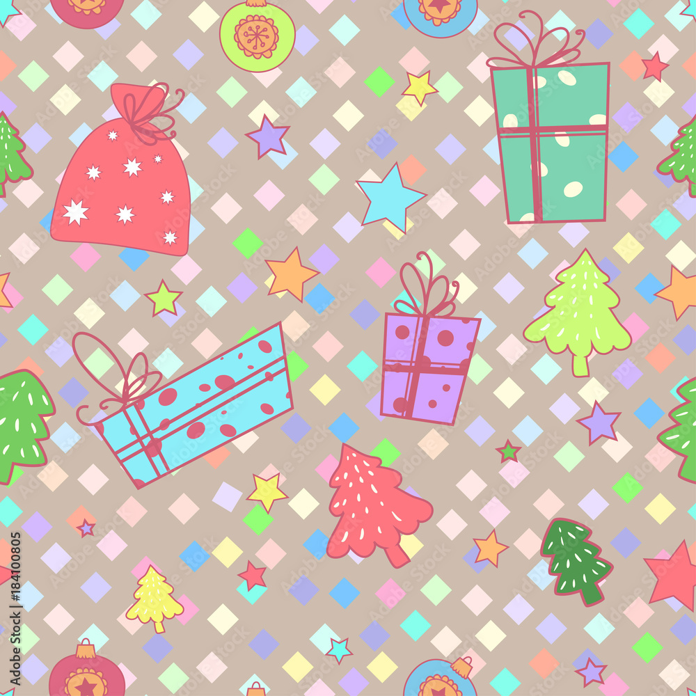 Seamless background pattern of cartoon items for the New year and Christmas: gifts, bag of gifts, stars, Christmas trees and Christmas decorations Seamless background pattern of cartoon items for the New year and Christmas: gifts, bag of gifts, stars, Christmas trees and Christmas decorations