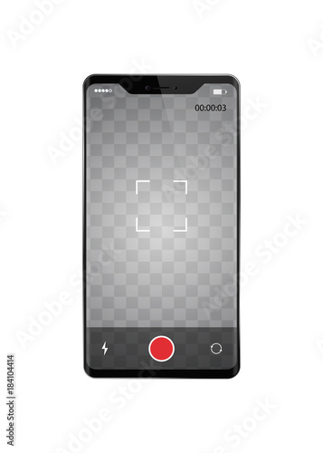 Smartphone with frame less recording video vector illustration. Vertical orientation phone with transparent screen template for your images.