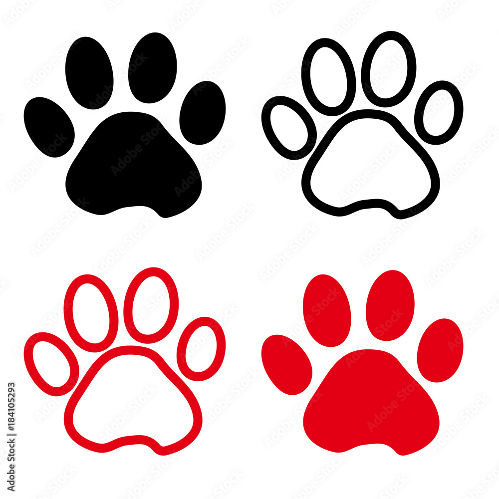 Fototapeta premium Colorful set of silhouette animal paw track. Outline and flat design. Vector illustration