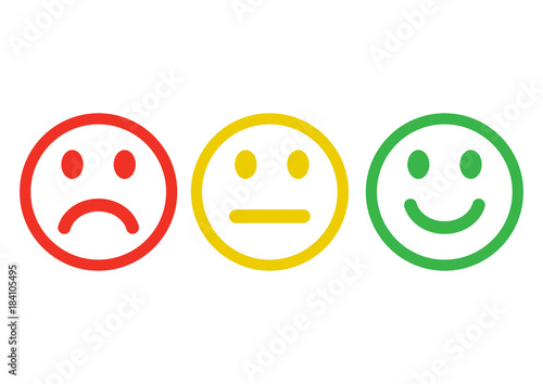 Red, yellow, green smileys emoticons icon negative, neutral and positive, different mood. Outline design. Vector illustration