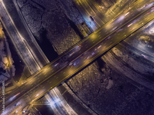 Aerial view over busy Vilnius the capital city of Lithuania, during winter season night time.