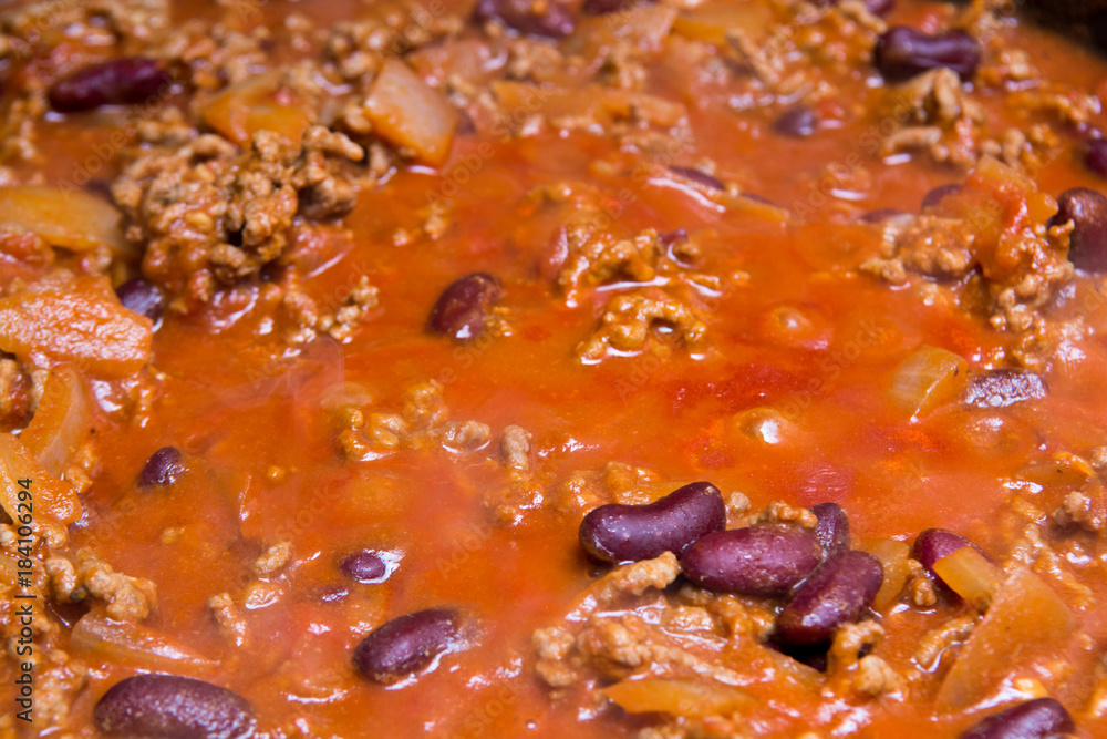 Home made Chilli con carne cooking in the pan Home made Chilli con carne cooking in the pan
