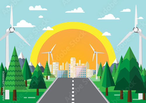 Nature landscape background flat design.Road from nature to green city with eco friendly concept.Vector illustration.