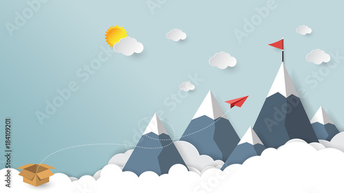 Red paper airplane out of the box to red flag on mountain paper art style.Business success concept vector illustration.