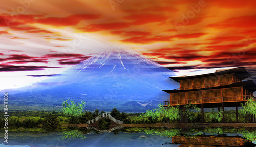 3d rendering of beautiful sunrise with nice mountain and temple view