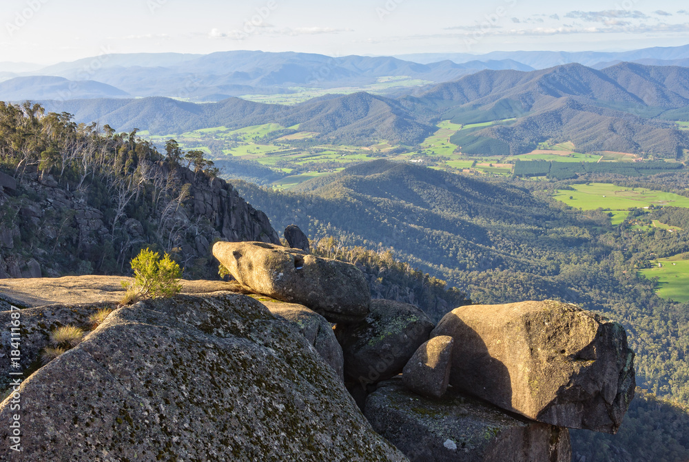 In nice weather there is a beautiful view of the Ovens Valley from the lookout on top of Mount Buffalo - Bright, Victoria, Australia