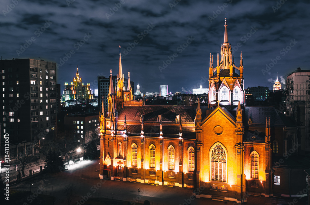 Cathedral of the Immaculate Conception in Moscow and Stalin skyscraper «Kudrinskaya»