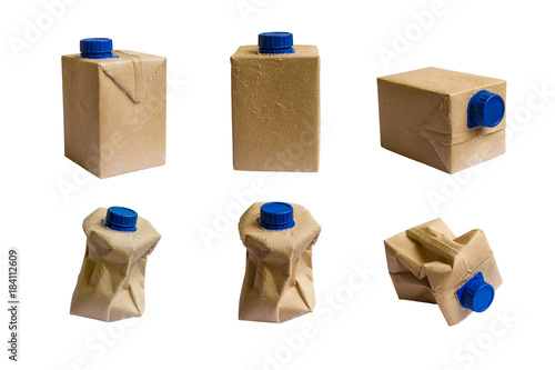 collection Brown milk carton is crumple isolated on white background