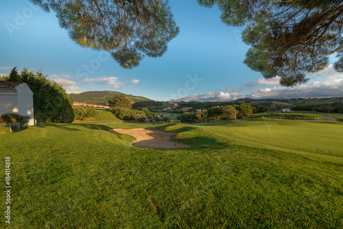 Green grass at sunset. Golf courses. Portugal.