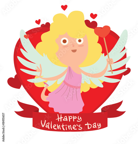Vector image of a red frame in the form of a heart symbol with a red banner with a cartoon image of cute little cupid girl with magic wand on a white background. Valentine's Day. Vector illustration.