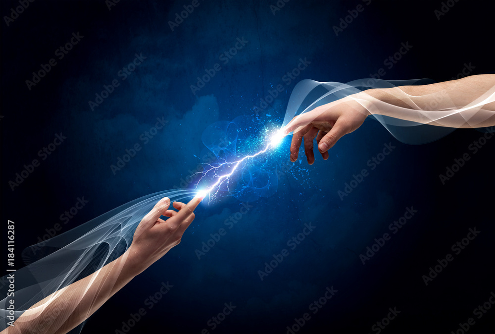 Hands connecting through fingers in space - obrazy, fototapety, plakaty 
