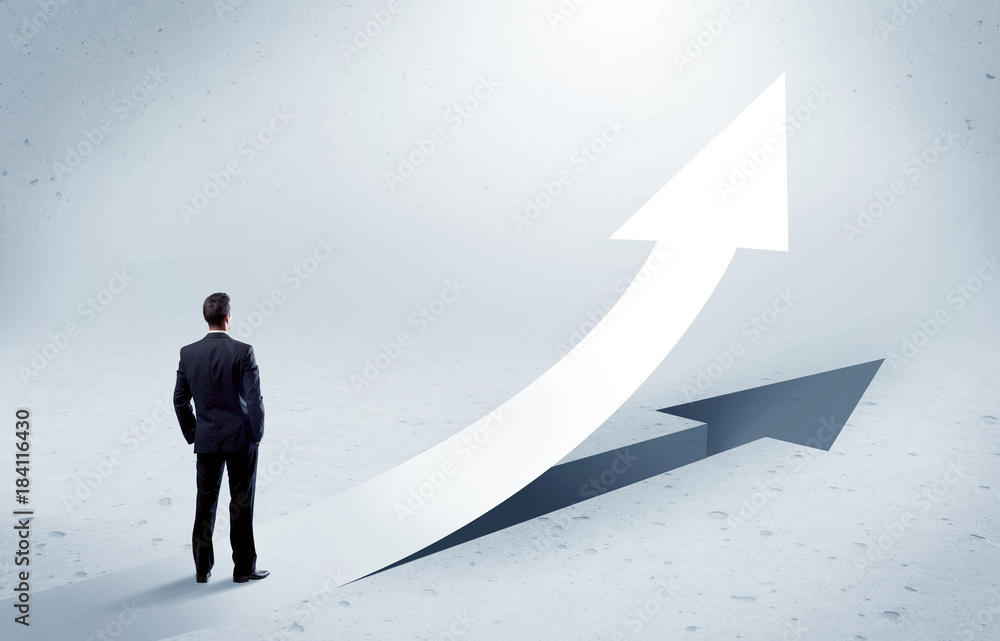 Arrow pointing up with standing salesman Arrow pointing up with standing salesman