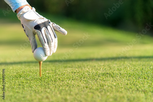 Hand asian woman putting golf ball on tee with club in golf course on sunny day for healthy sport. Lifestyle Concept