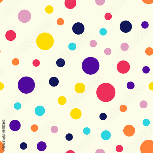 Memphis style polka dots seamless pattern on milk background. Interesting modern memphis polka dots creative pattern. Bright scattered confetti fall chaotic decor. Vector illustration.