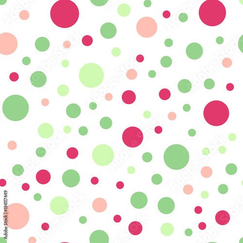 Colorful polka dots seamless pattern on white 20 background. Fantastic classic colorful polka dots textile pattern. Seamless scattered confetti fall chaotic decor. Abstract vector illustration.