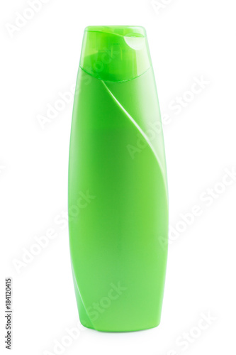 green plastic bottle shampoo on white