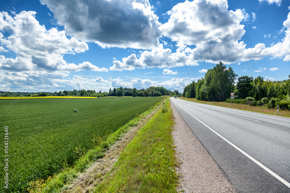 Road in the summer field, summer travel, beautiful blue sky, tourism, nature