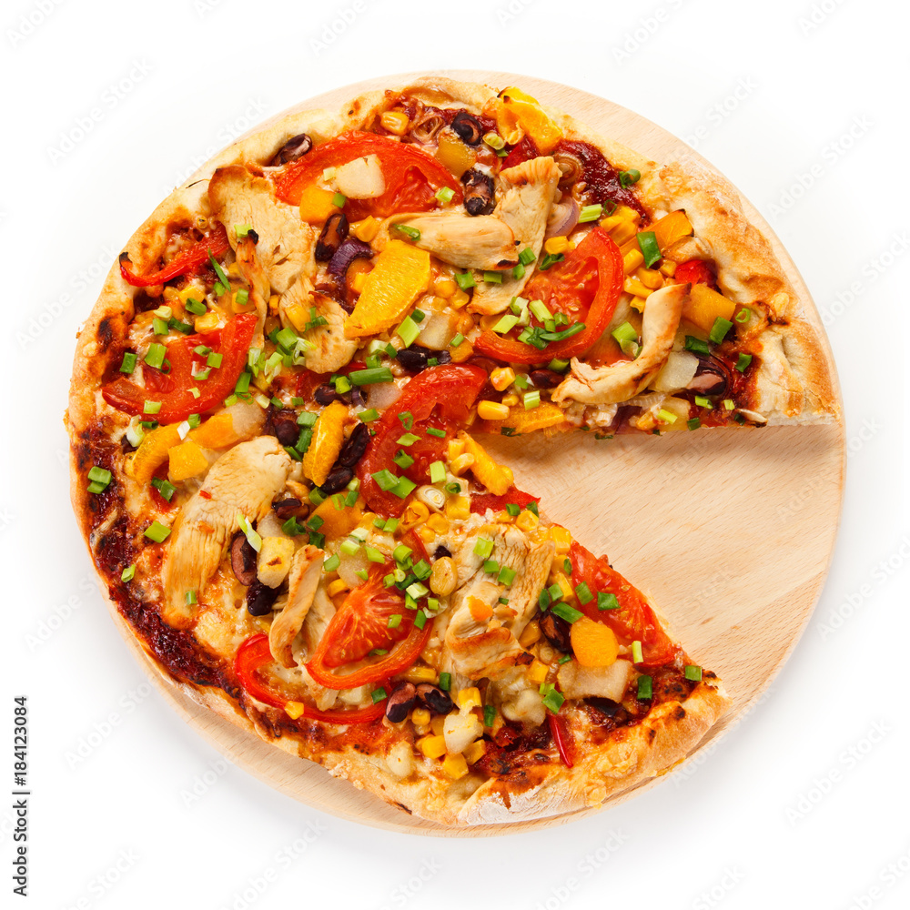 Pizza with chicken and vegetables on white background Pizza with chicken and vegetables on white background