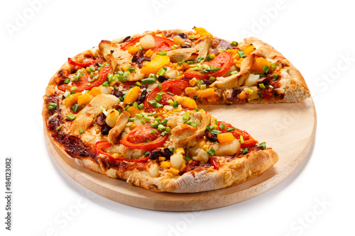 Pizza with chicken and vegetables on white background 