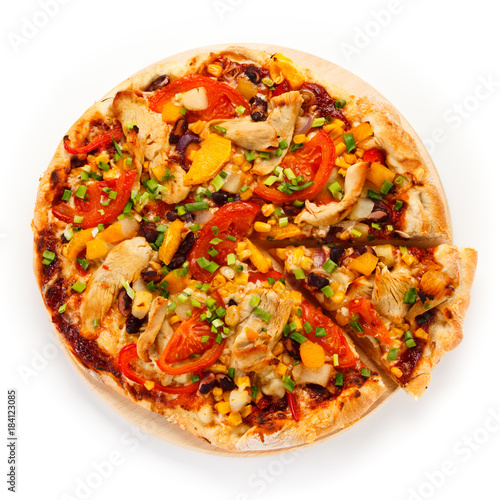 Pizza with chicken and vegetables on white background 