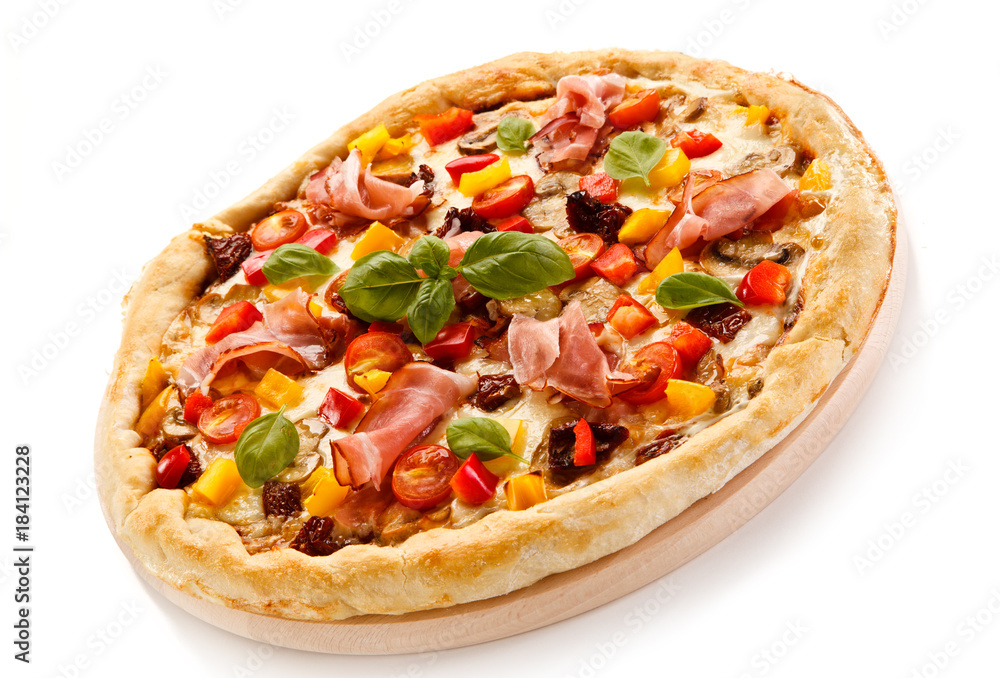 Pizza with ham and pepper on white background Pizza with ham and pepper on white background