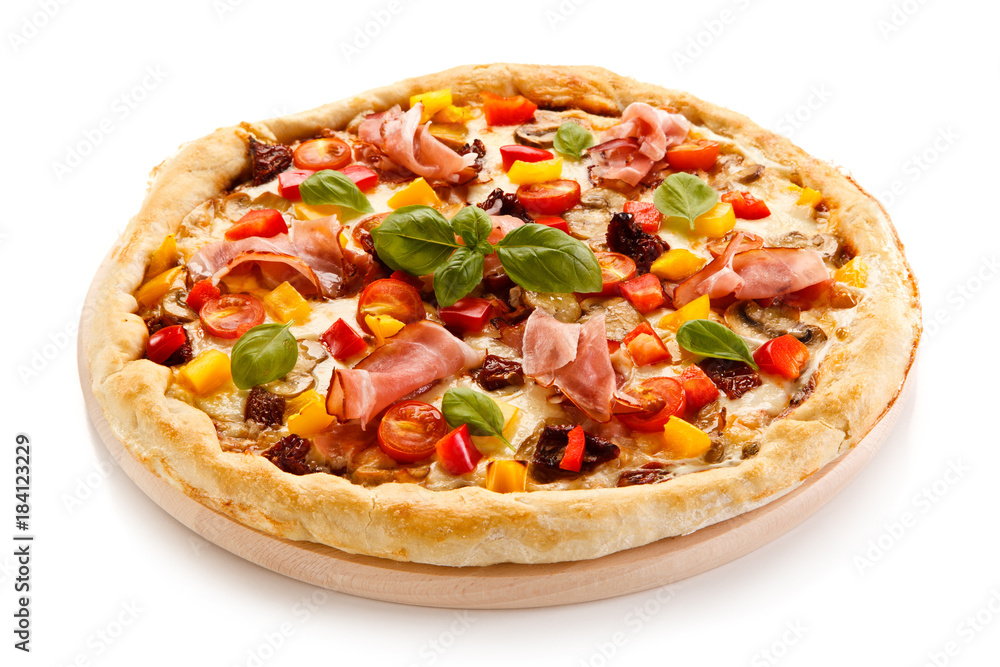Pizza with ham and pepper on white background