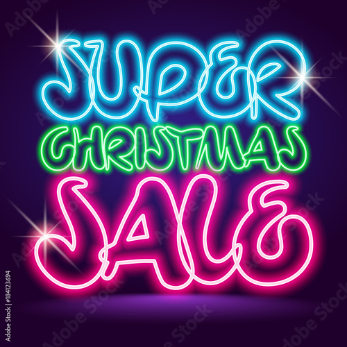 Vector shiny neon glowing poster Super Christmas Sale with white sparkles. 