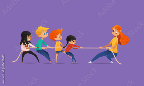 Redhead female teacher showing picture to children sitting around round table at class with laptop and tablet pc. Kids using gadgets during lesson at primary school. Colorful vector illustration.