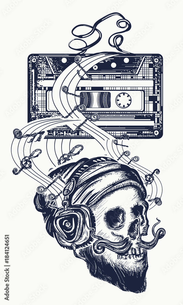 Skull in headphones listening to music. Vector t-shirt print and tattoo  design, Stock Vector, Vector And Low Budget Royalty Free Image. Pic.  ESY-056869042 | agefotostock