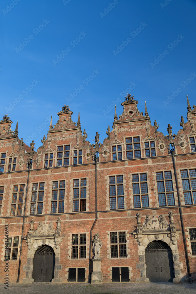 Backside of the Great Armoury building at the Main Town (Old Town) in Gdansk, Poland, on a sunny day. Copy space.