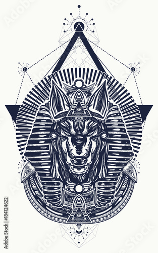 Anubis sacred geometry tattoo and t-shirt design. Anubis, god of war, Golden Mask of the Pharaoh, symbol of next world, kingdom of dead tattoo art