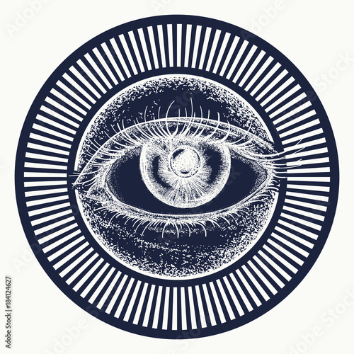 All seeing eye tattoo art vector. Alchemy, medieval religion, occultism, spirituality and esoteric tattoo. Magic eye t-shirt design. Freemason and spiritual symbols