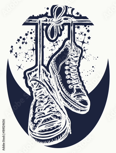 Magic sneakers hanging from electrical wire tattoo and t-shirt design. Symbol of freedom, street culture, graffiti, street art. Sneakers on wires in space