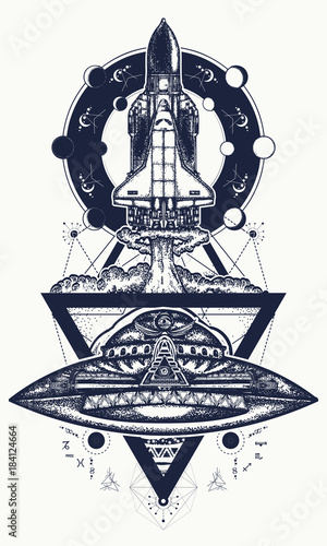 Flying-up spaceship and ufo tattoo art. Flight to new galaxies, space  researches, boundless Universe. Space shuttle taking off on mission t-shirt  design Stock Vector | Adobe Stock