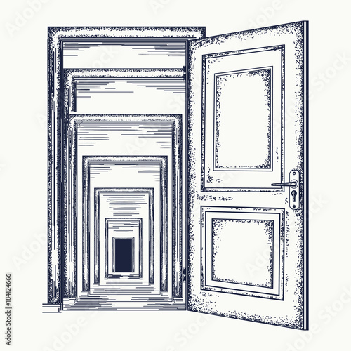 Door recursion. Psychological illustration. Symbol of infinite repetition, subconsciousness. Magic door recursion effect tattoo and t-shirt design