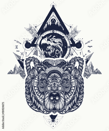 Eagle and bear tattoo art, mountains, crossed arrows, forest. Spirituality, boho, magic symbol. Astrological symbols, ethnic style, falcon and bear in rocks tattoo