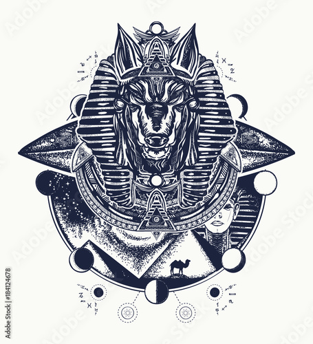 Anubis tattoo and t-shirt design. Anubis, god of war, Golden Mask of the Pharaoh, Egypt tattoo art. Paleocontact concept